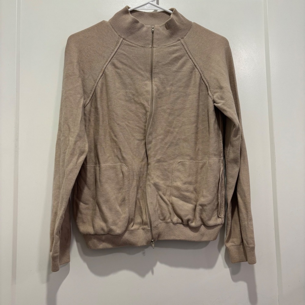 Pollini Italy Cotton Cashmere Full Zip Mock Neck Sweater Tan Beige Size USA 10